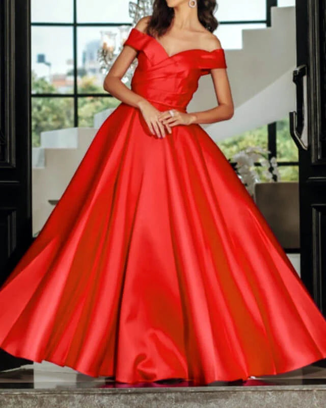 A-line Off Shoulder Satin Gown Long Prom Dresses
