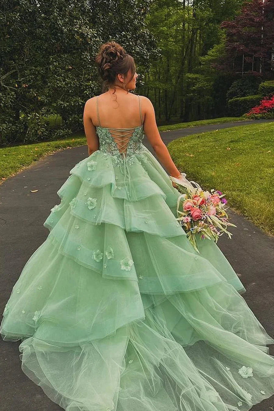 A Line Sweetheart Sage Green Tulle Long formal dress Prom Dresses evening gown with Appliques