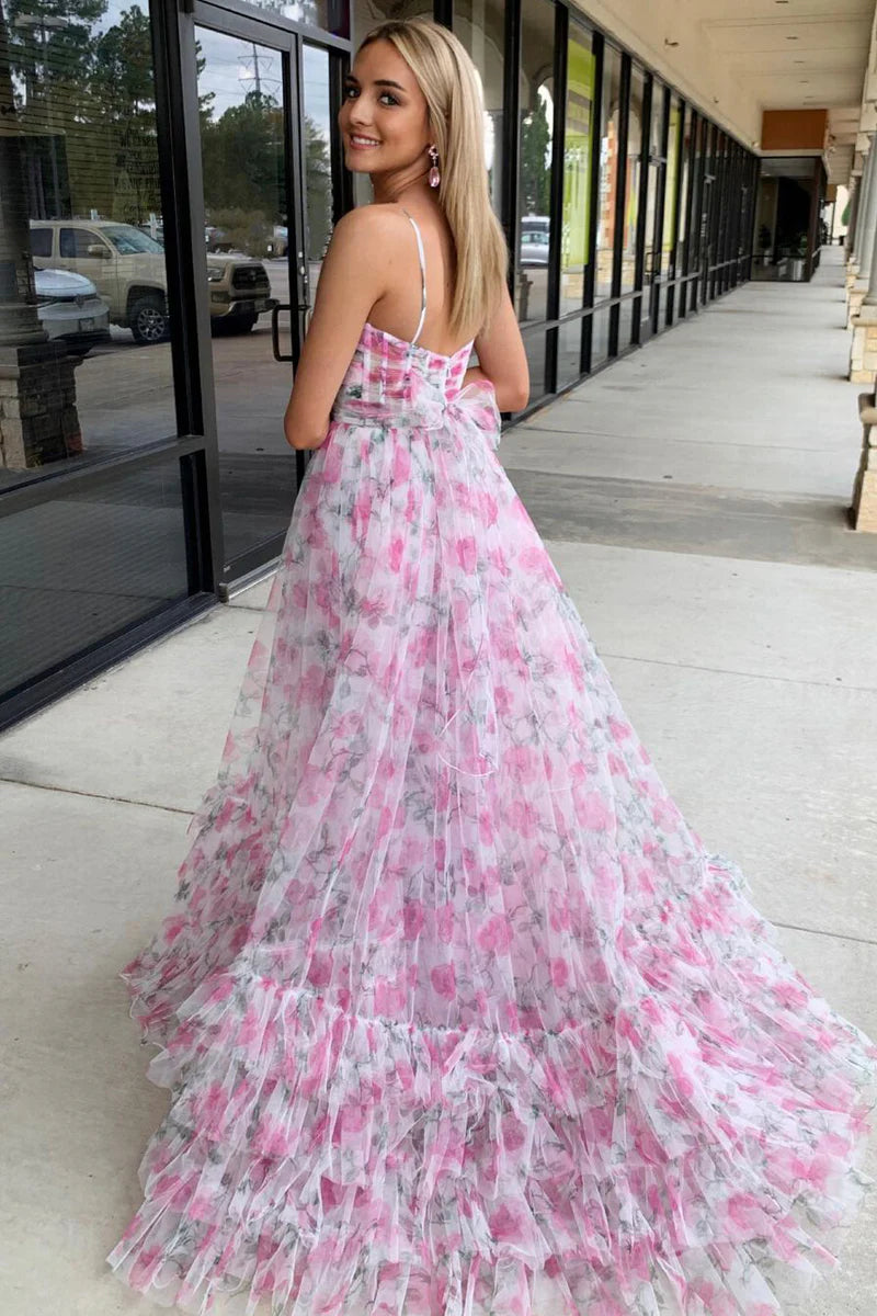A Line Sweetheart Floral Print Tulle Long Prom Dresses