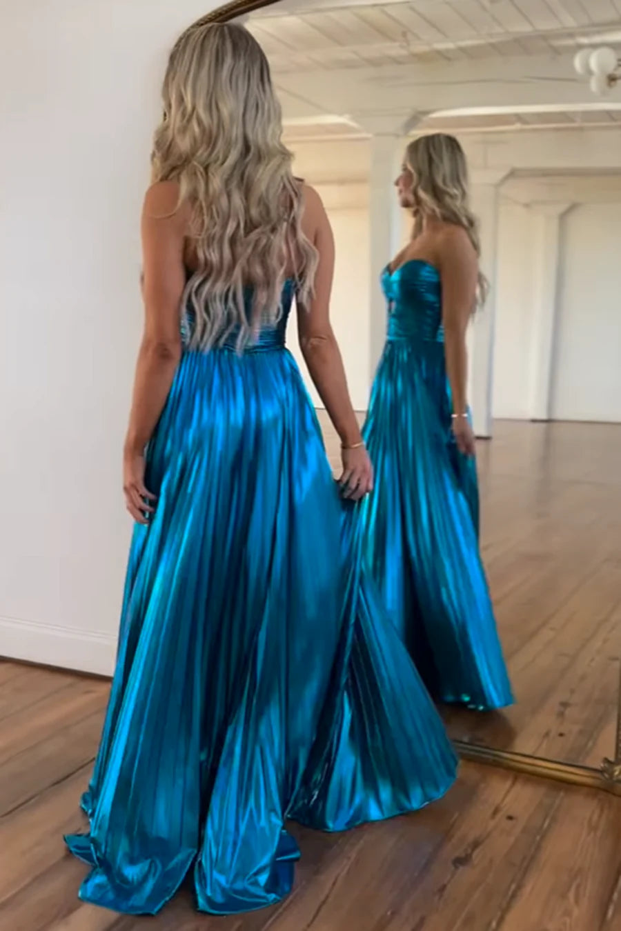 A Line Sparkly Sweetheart Blue Pleat Satin Long evening gown Prom Dresses with Slit
