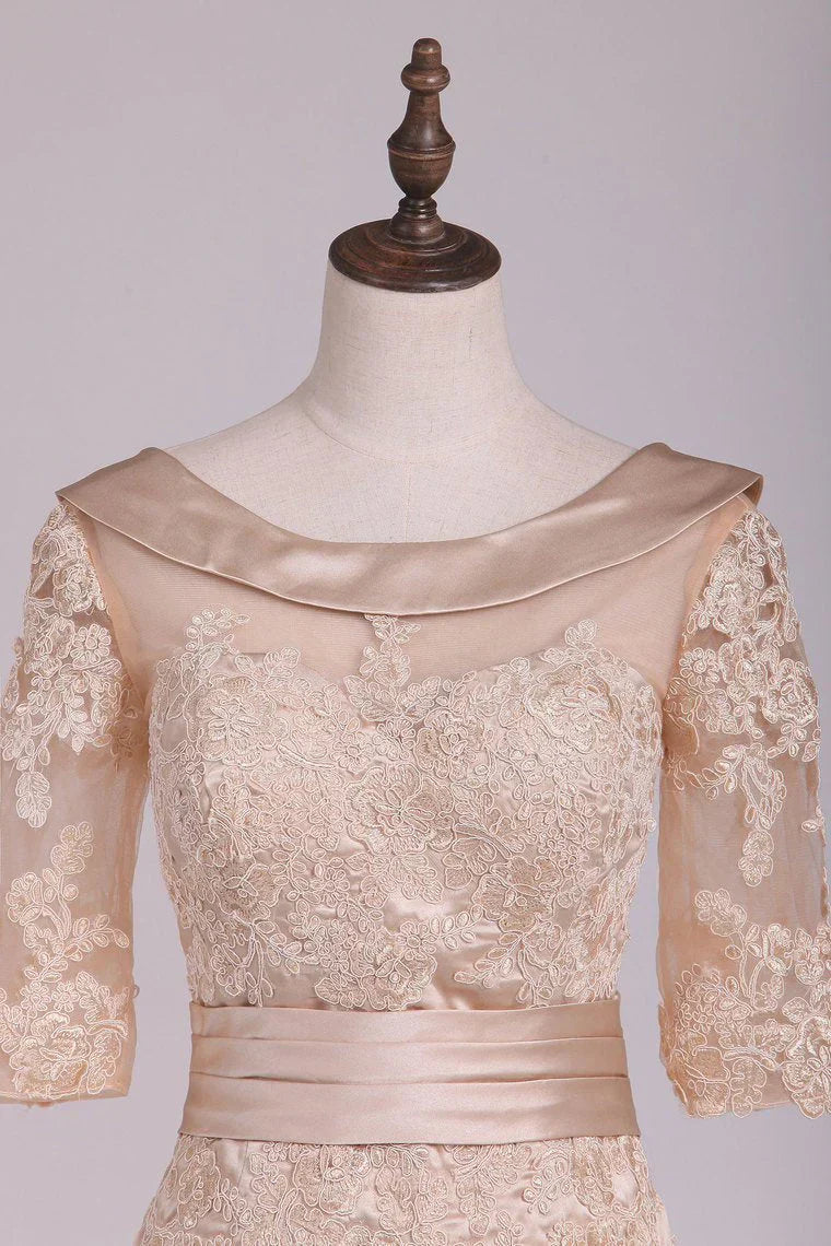 Sheath Cowl Neck Half Sleeve Satin Applique Mother Of The Bride Dresses