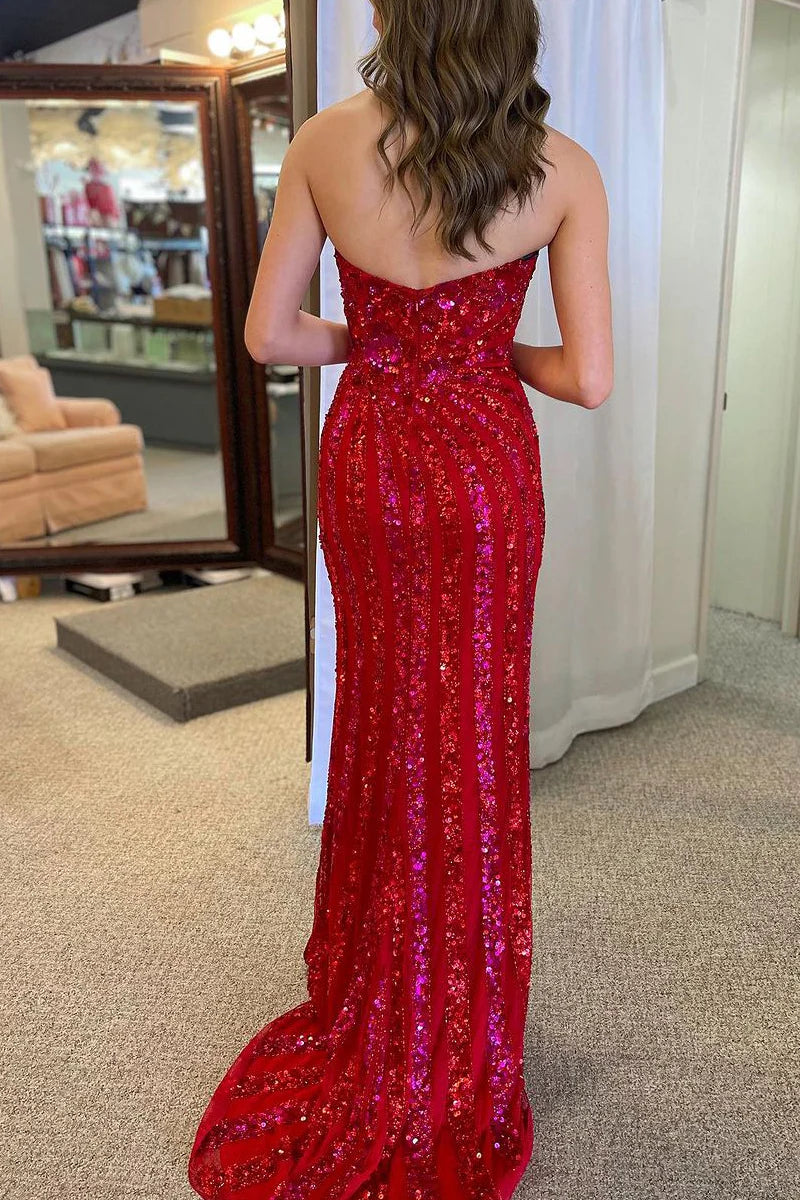 Mermaid Strapless Sequins Red Long Prom Dress with Slit