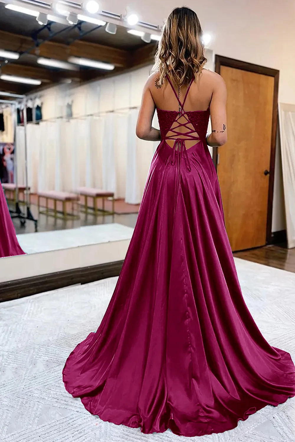 A-Line Satin Appliques Prom Dress with Slit