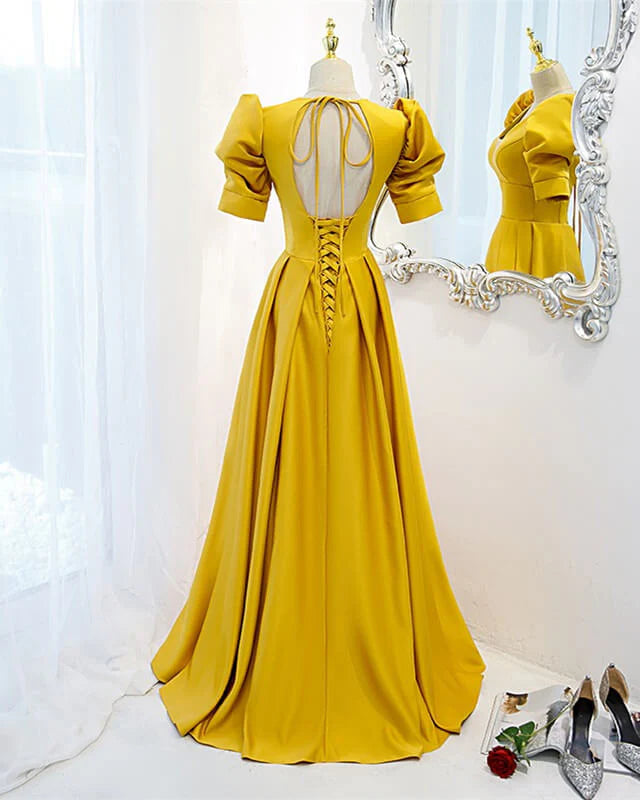 Mustard Satin Backless Dress With Sleeves Prom Dresses