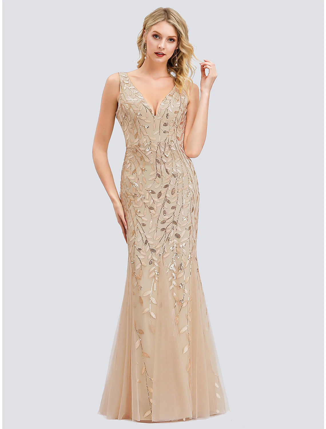 Mermaid Dress Sparkle Christmas Red Green Dress Prom Formal Evening Valentine‘s Day Dress V Neck V Back Sleeveless Floor Length Tulle with Sequin Appliques