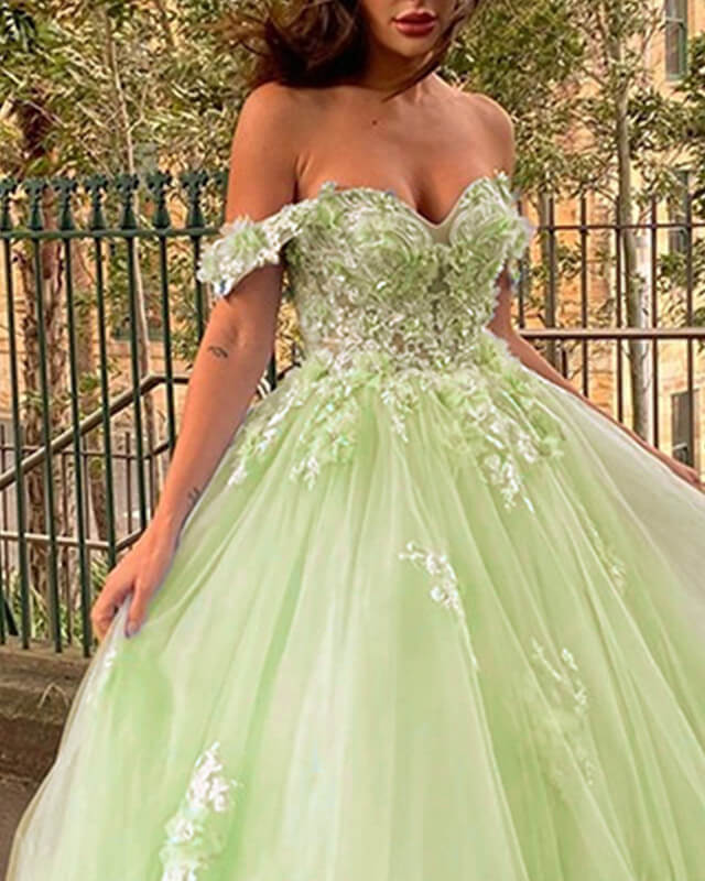 A-line Off-The-Shoulder 3D Flowers Ball Gown Prom Dresses