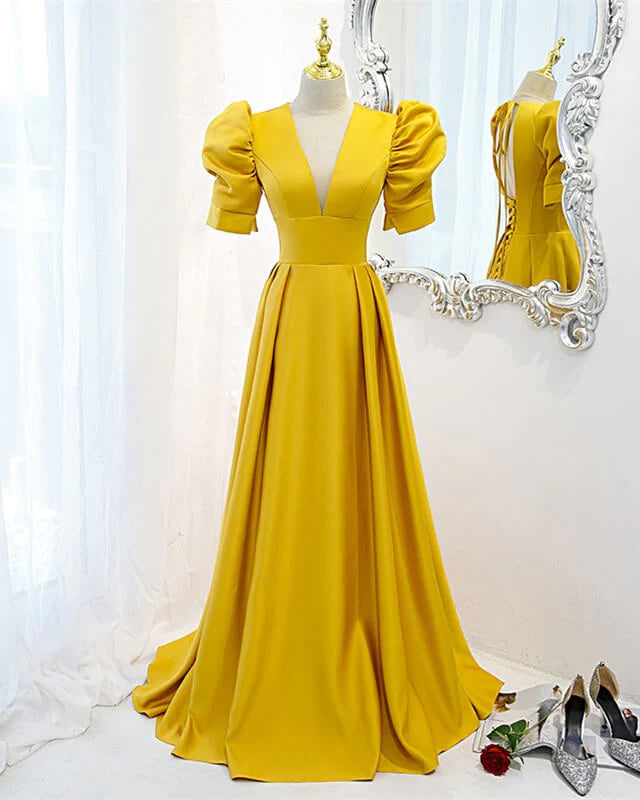 Mustard Satin Backless Dress With Sleeves Prom Dresses