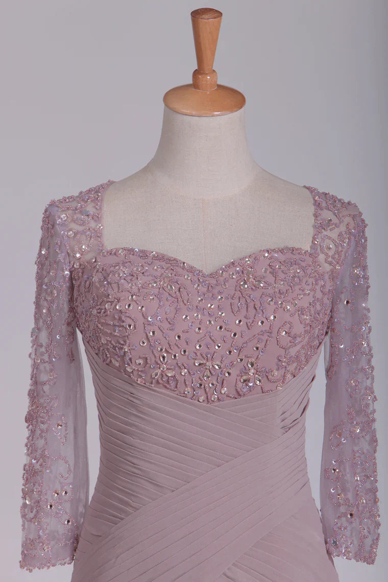 Beaded Ruched 3/4 Length Sleeves Sheath Chiffon Mother Of The Bride Dresses