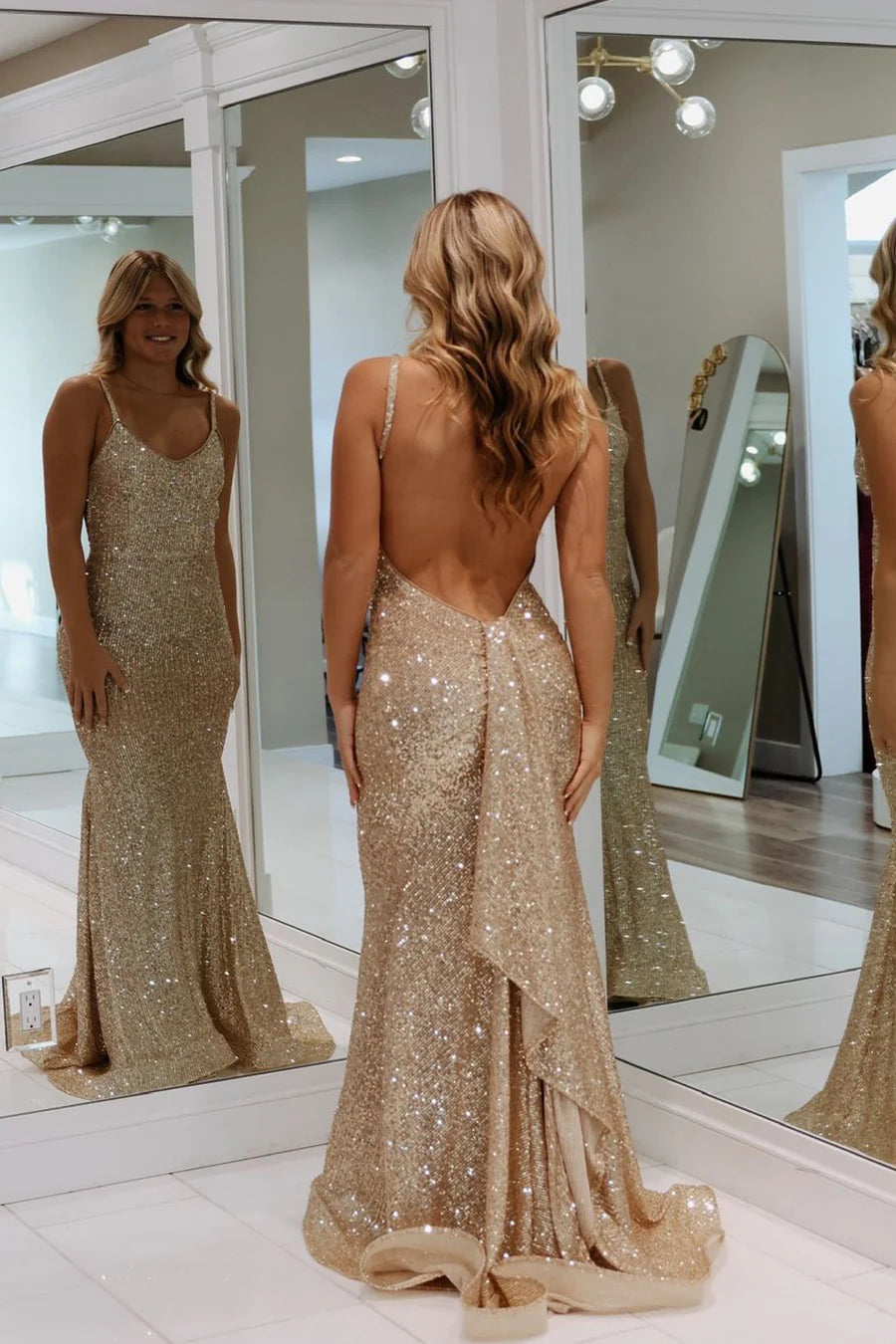 Mermaid Charming V Neck Champagne Sequins Long evening gown formal dresses Prom Dresses