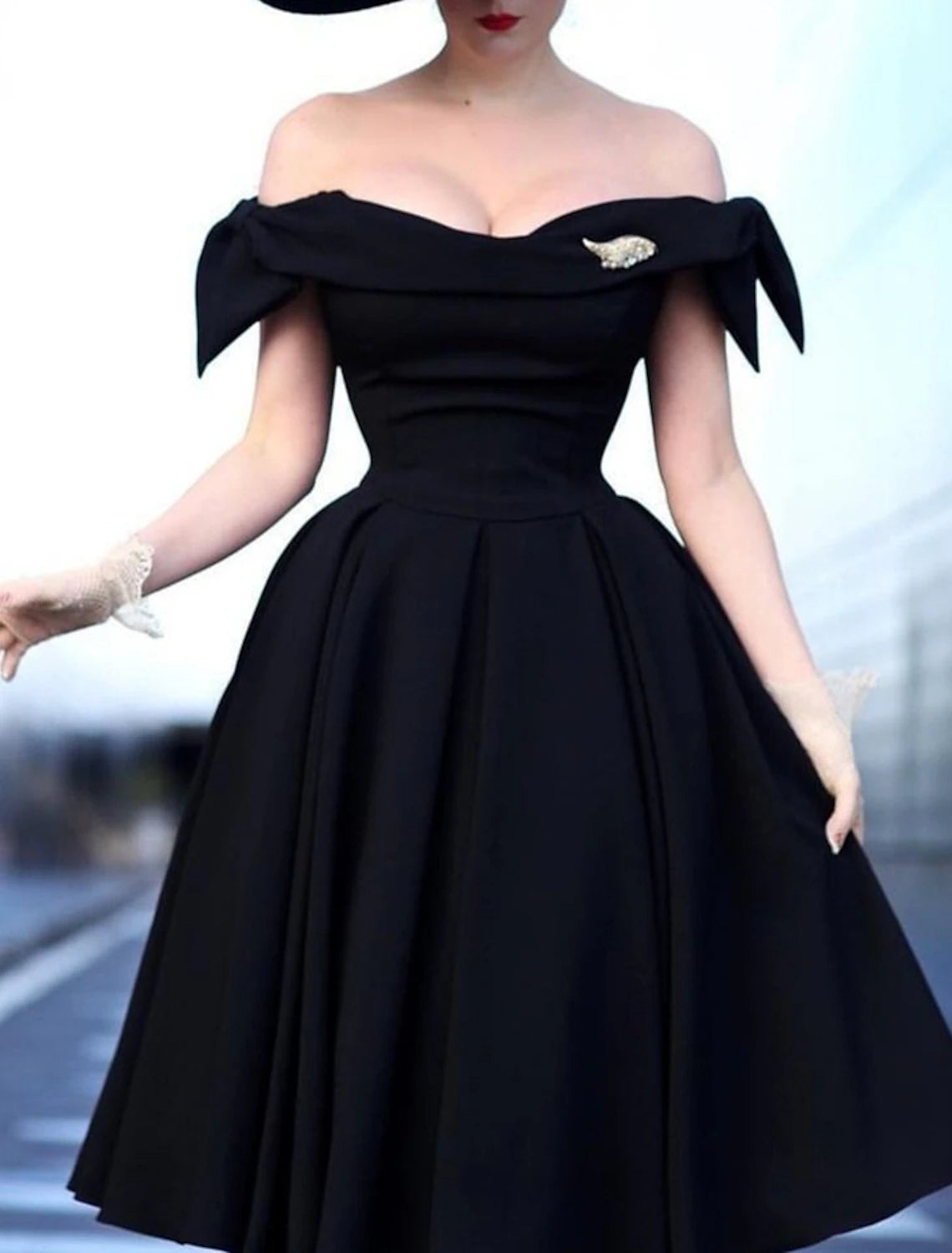 A-Line Cocktail Black Dress Plus Size Vintage Dress Halloween Party Wear Tea Length Short Sleeve Off Shoulder Wednesday Addams Family Satin with Bow(s) Pure Color