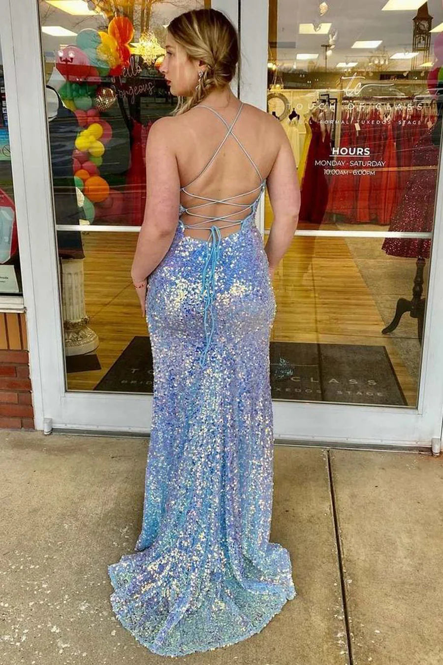 Mermaid Sparkly Scoop Neck Light Blue Sequins formal dress evening gowns Long Prom Dresses with Slit
