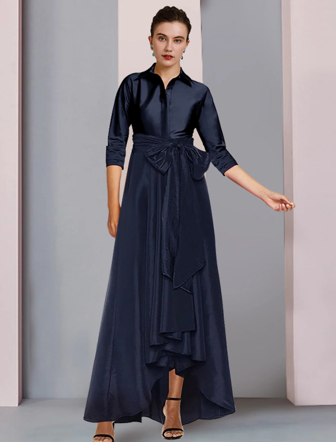 A-Line Mother of the Bride Dress Elegant Plus Size High Low Shirt Collar Asymmetrical Floor Length Satin 3/4 Length Sleeve with Sash / Ribbon Bow(s) Pleats