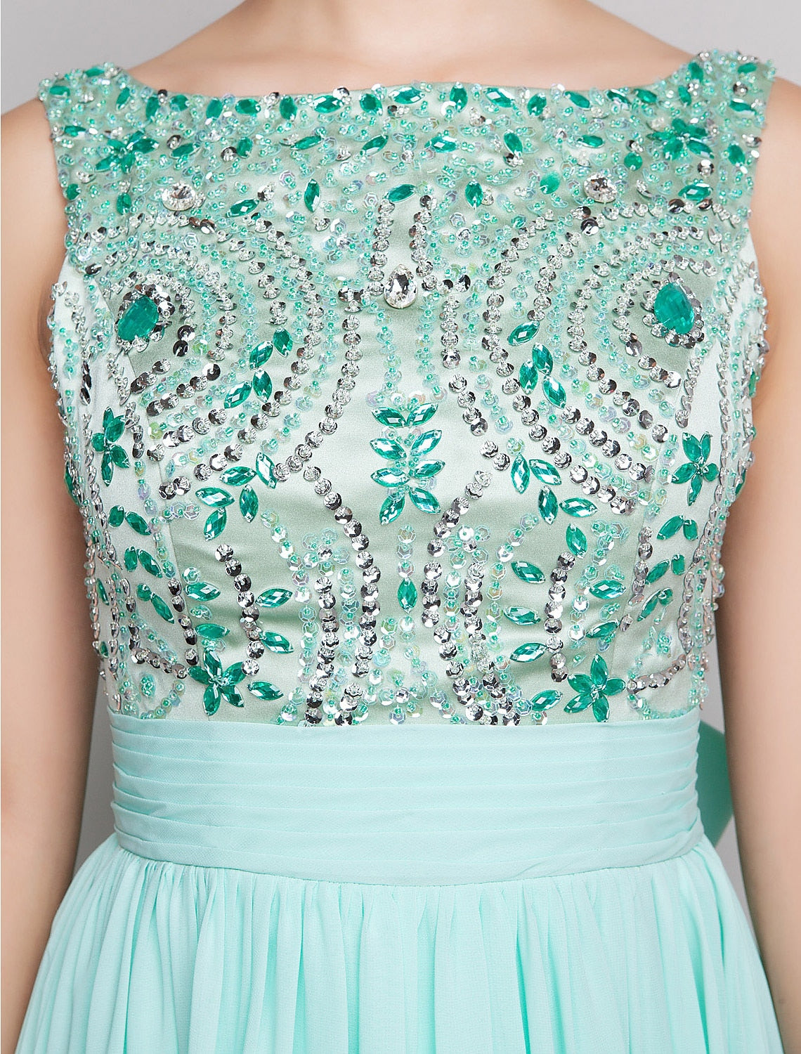 A-Line Beaded & Sequin Holiday Cocktail Party Prom Dress Scoop Neck Sleeveless Floor Length Chiffon with Bow(s) Ruched Beading