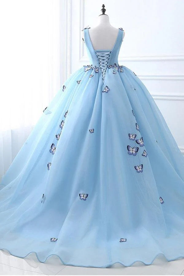 A-line Formal Ballgown Tulle Prom Dress with Butterflies Wedding Dresses