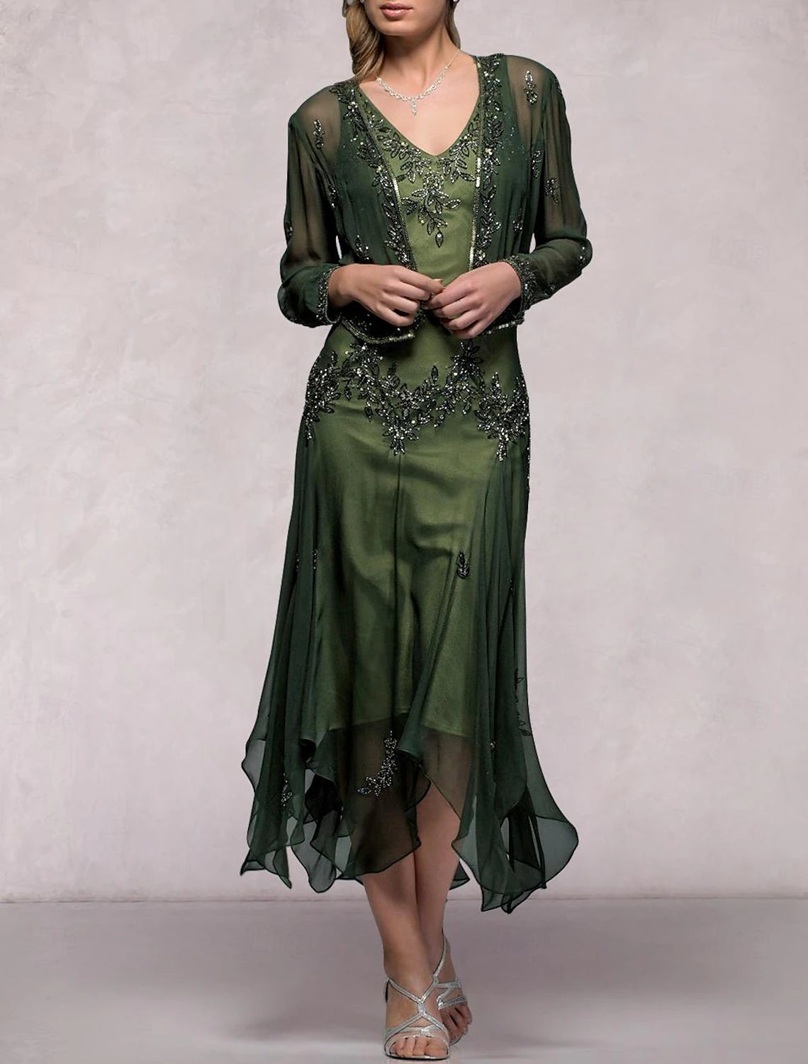Two Piece A-Line Mother of the Bride Dress Formal Wedding Guest Elegant V Neck Tea Length Chiffon Sequined Long Sleeve Jacket Dresses with Pleats Crystals