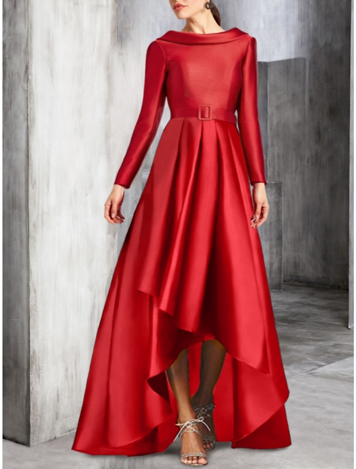 A-Line Cocktail Dresses Elegant Dress Birthday Fall Asymmetrical Long Sleeve Scoop Neck Satin with Pleats Strappy