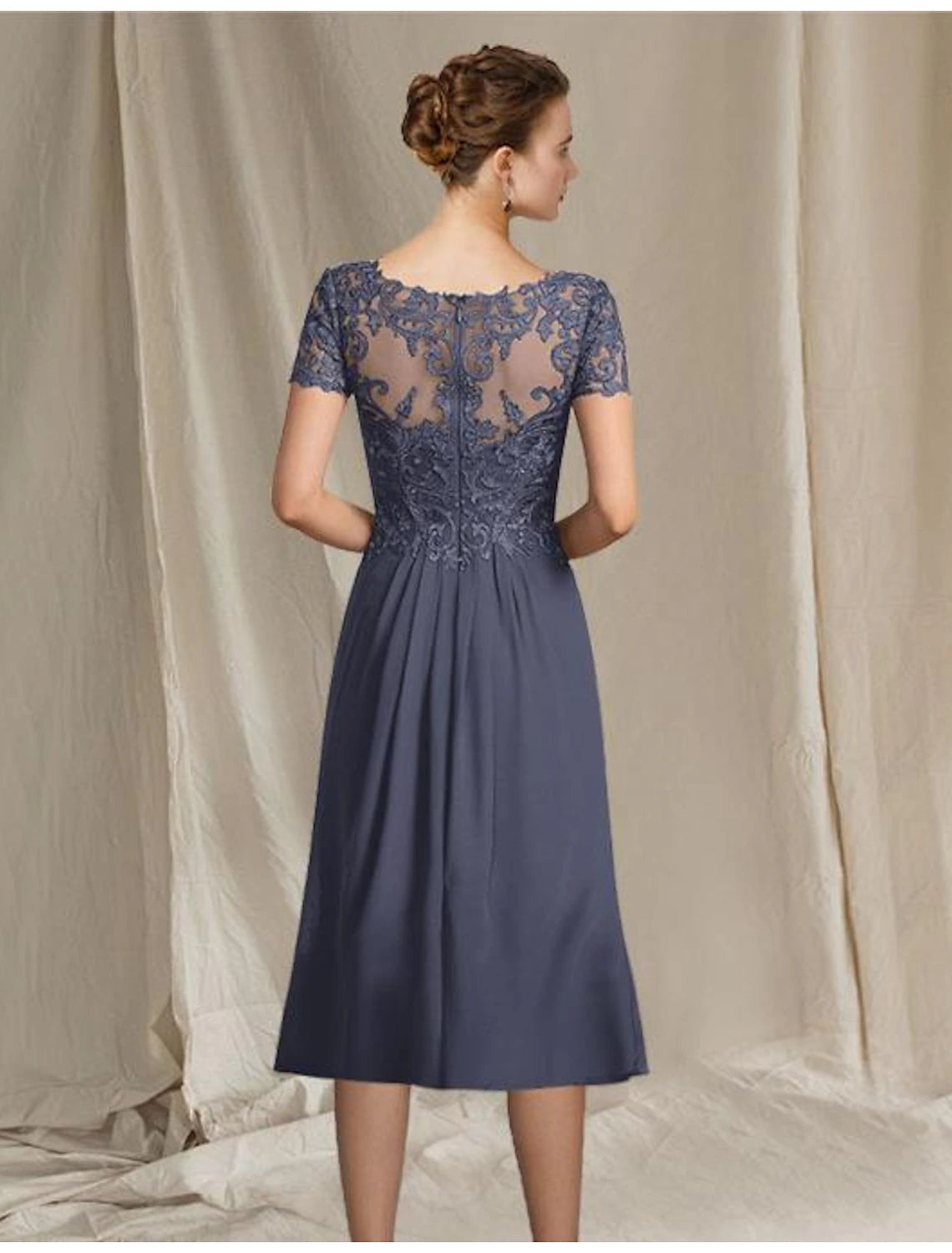 A-Line Mother of the Bride Dress Elegant Plus Size V Neck Tea Length Chiffon Lace Short Sleeve with Pleats Appliques