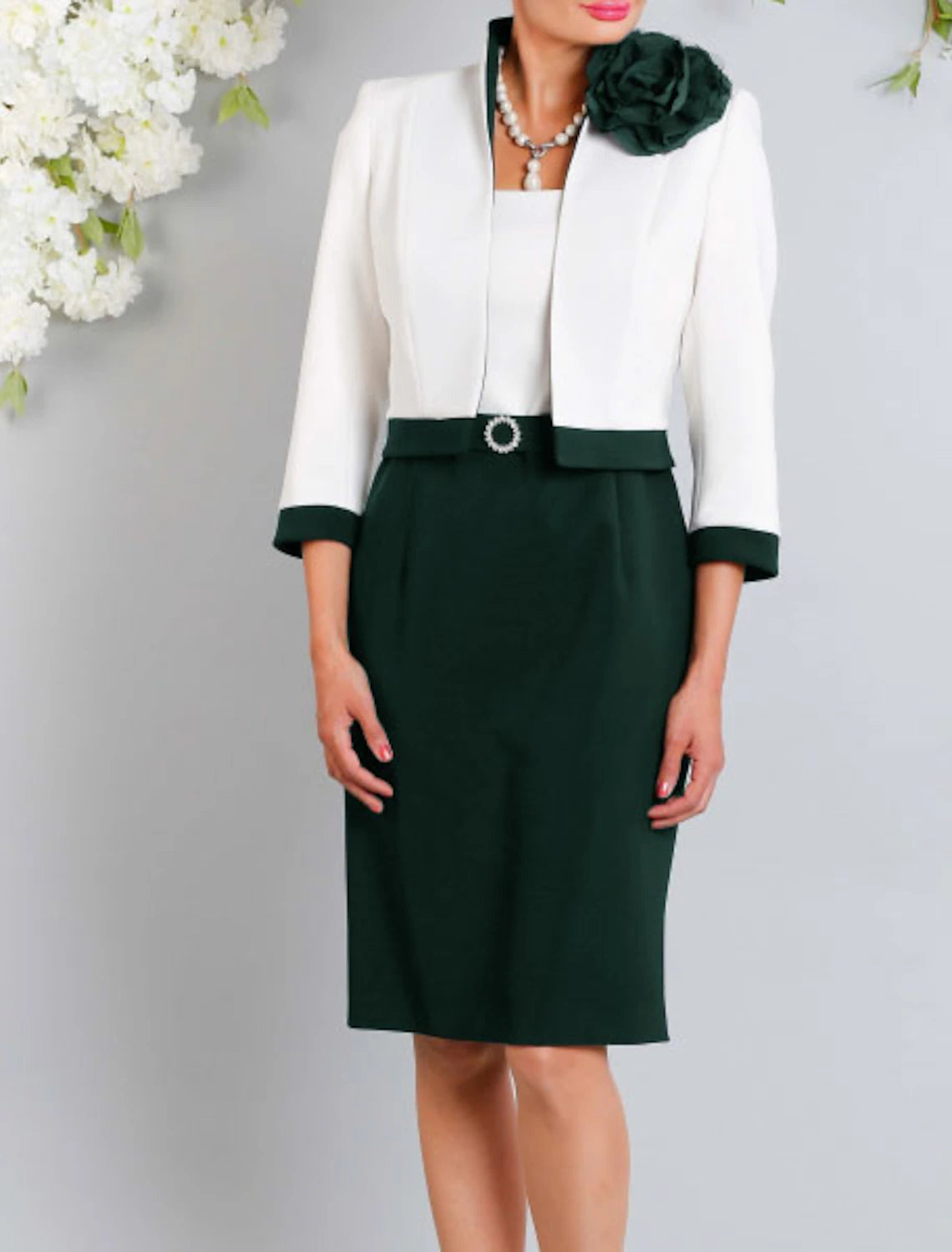 Two Piece Sheath / Column Mother of the Bride Dress Church Elegant Plus Size Jewel Neck Knee Length Stretch Satin Short Sleeve Wrap Included Short Jacket Dresses with Flower Color Block