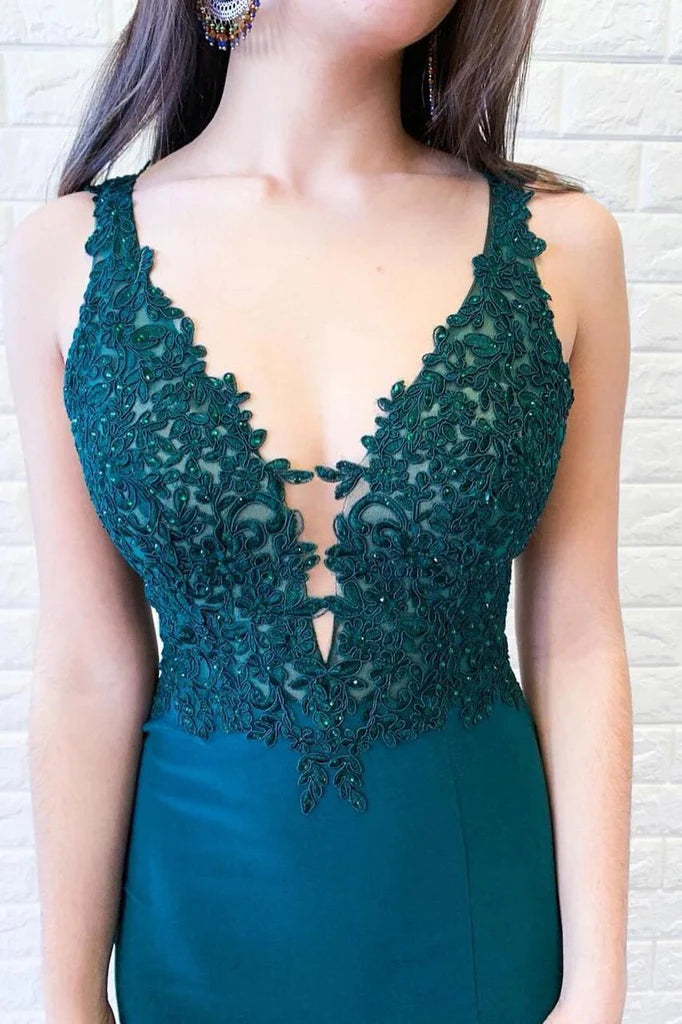 Mermaid Deep V-neck Appliques Green Satin Formal Prom Dress