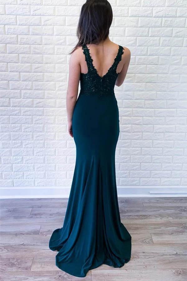 Mermaid Deep V-neck Appliques Green Satin Formal Prom Dress