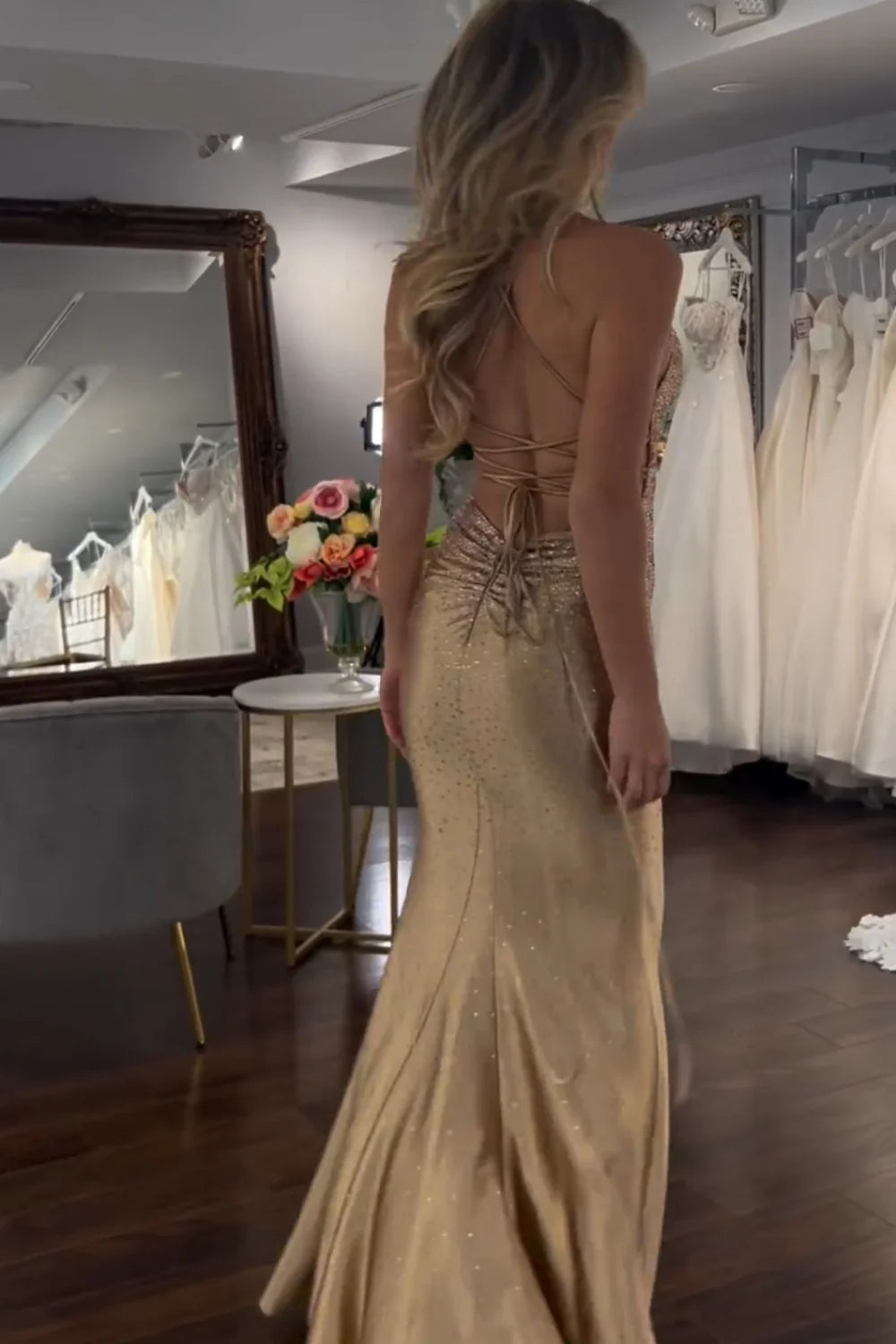 Mermaid Long Beaded Sexy Sparkly Gold Prom Dress With Split