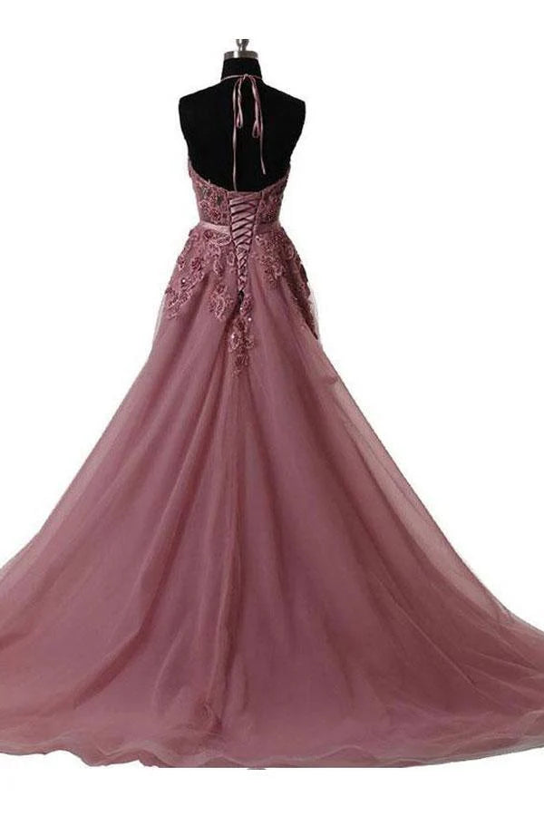A-line Halter Train Lace Applique Simple Prom Evening Dress