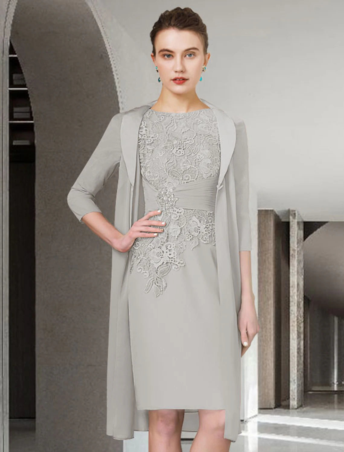 Two Piece Sheath / Column Mother of the Bride Dress Wedding Guest Church Elegant Plus Size Jewel Neck Knee Length Chiffon Lace Half Sleeve Wrap Included Jacket Dresses with Ruched Appliques