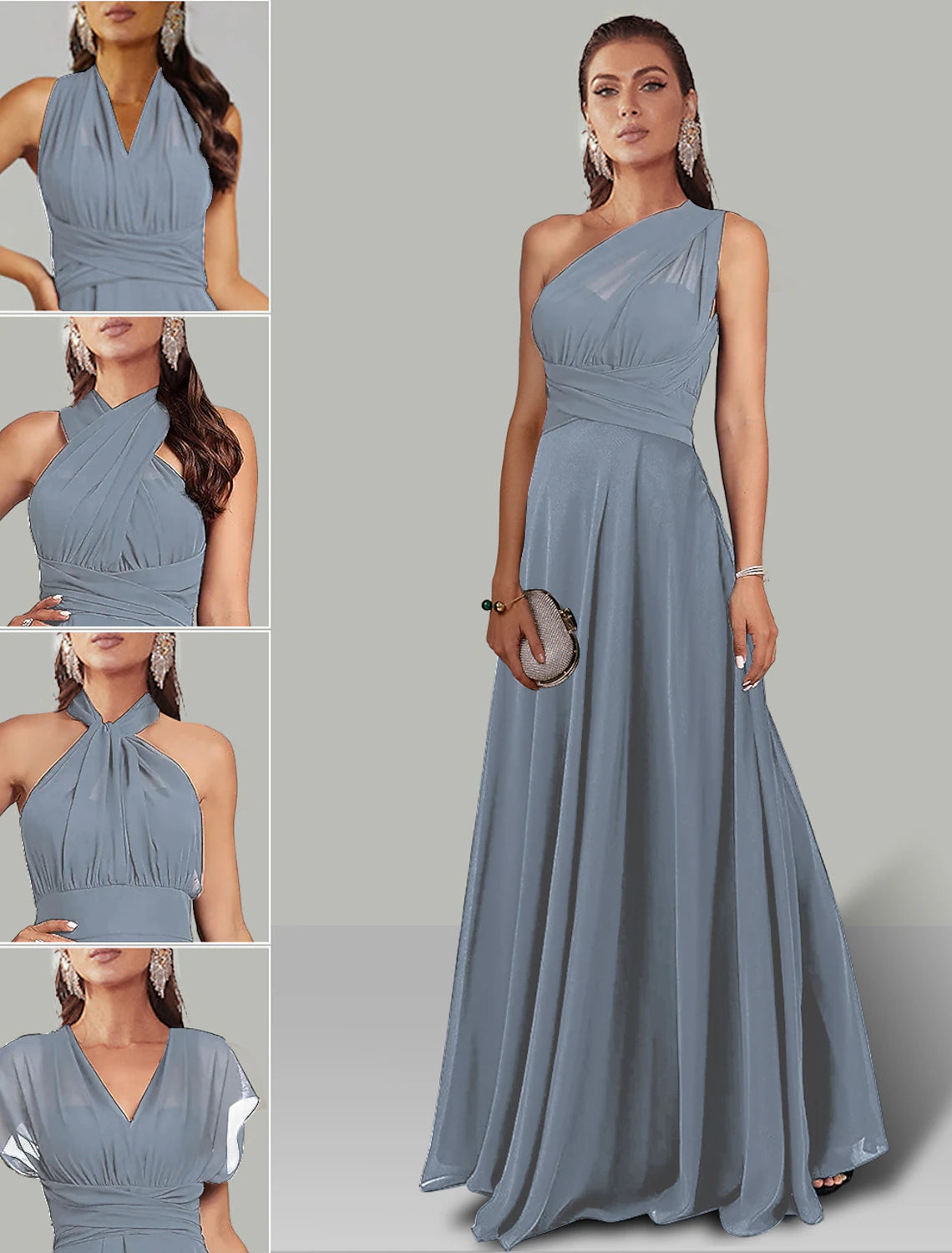 A-Line Wedding Guest Dresses Infinity Dress Wedding Party Floor Length Short Sleeve Halter Neck Convertible Chiffon with Ruched