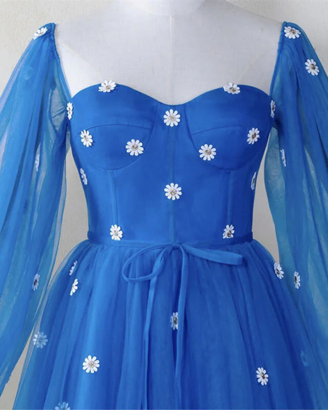 A-line Puff Long Sleeve Strapless Party Graduation Lace Cocktail Dress Prom Dresses