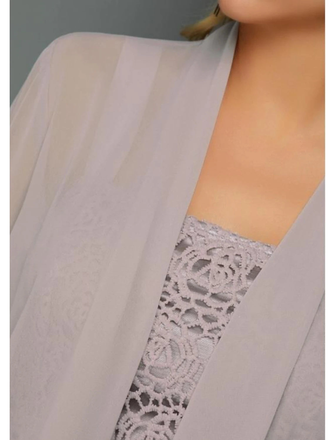 Two Piece Sheath / Column Mother of the Bride Dress Wedding Guest Church Elegant Plus Size Bateau Neck Knee Length Chiffon Lace 3/4 Length Sleeve Jacket Dresses with Appliques