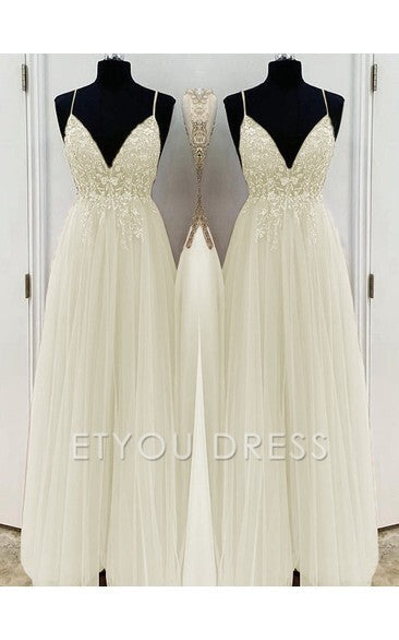 A-Line/Elegant Spaghetti Straps Sleeveless Beading Tulle Floor-Length formal dresses Bridesmaid Dresses evening gown Prom Dress With Split