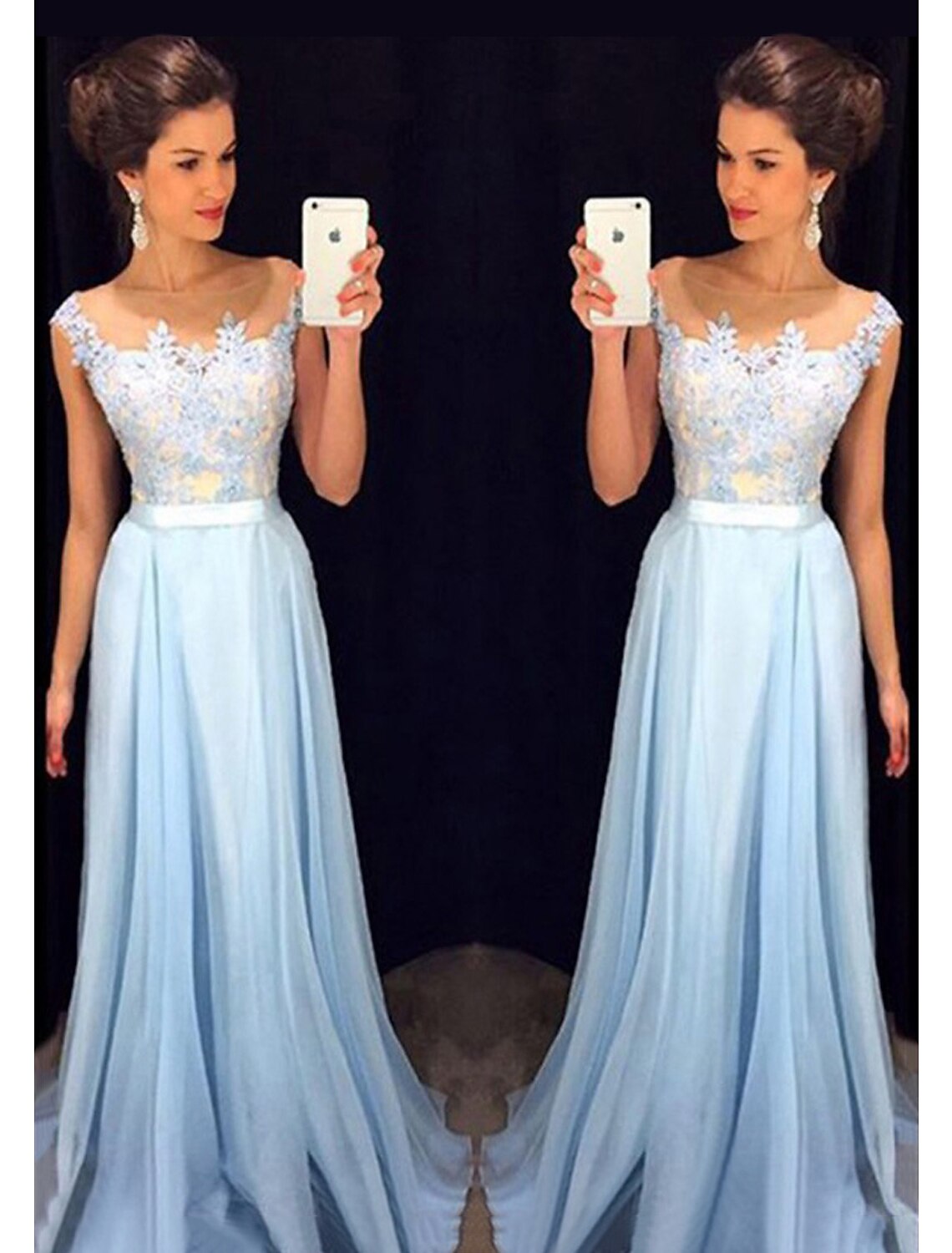 A-Line Prom Dresses Color Block Dress Formal Floor Length Sleeveless Jewel Neck Chiffon with Beading Appliques