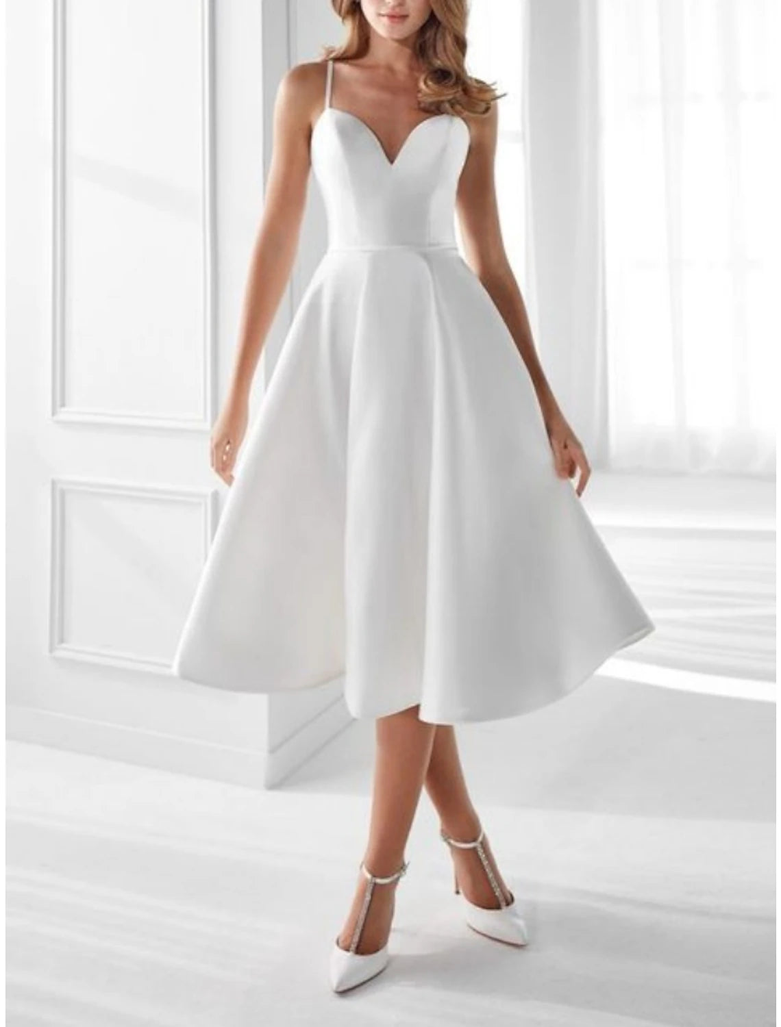 Hall Little White Dresses Wedding Dresses A-Line Camisole Sleeveless Tea Length Satin Bridal Gowns With Pleats Solid Color