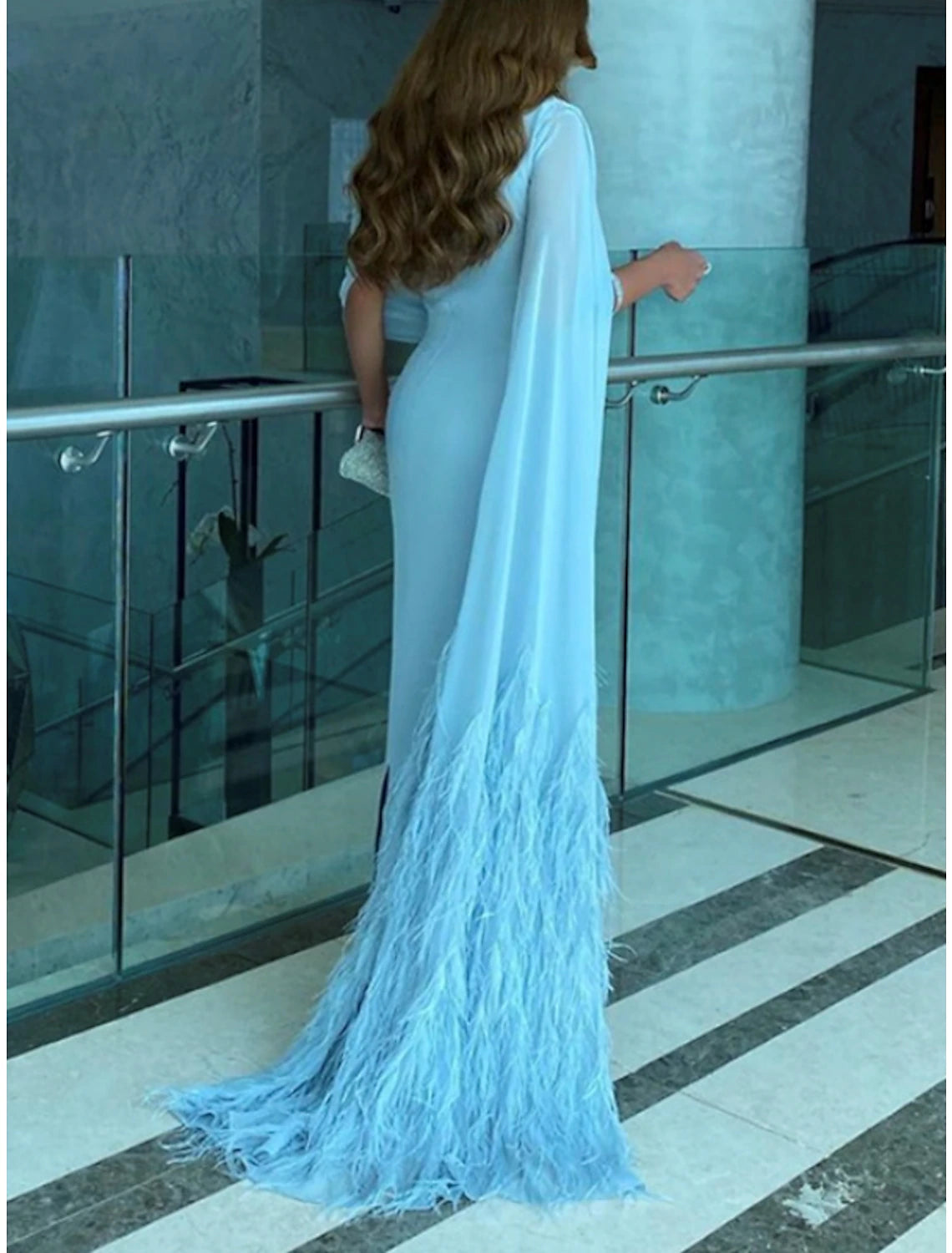 Sheath / Column Evening Gown Elegant Dress Formal Fall Sweep / Brush Train Sleeveless Cowl Neck Chiffon with Feather Ruched Slit