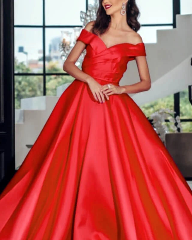 A-line Off Shoulder Satin Gown Long Prom Dresses