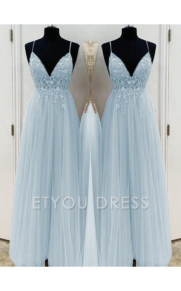 A-Line/Elegant Spaghetti Straps Sleeveless Beading Tulle Floor-Length formal dresses Bridesmaid Dresses evening gown Prom Dress With Split