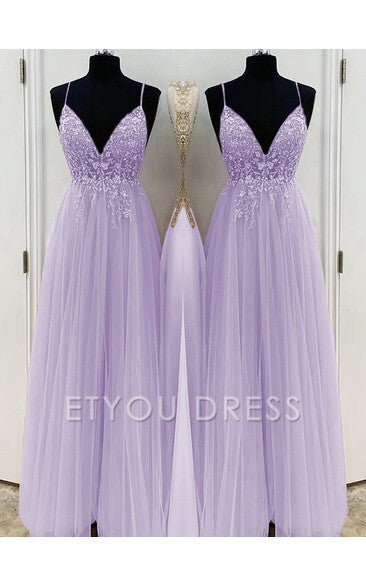 A-Line/Elegant Spaghetti Straps Sleeveless Beading Tulle Floor-Length formal dresses Bridesmaid Dresses evening gown Prom Dress With Split