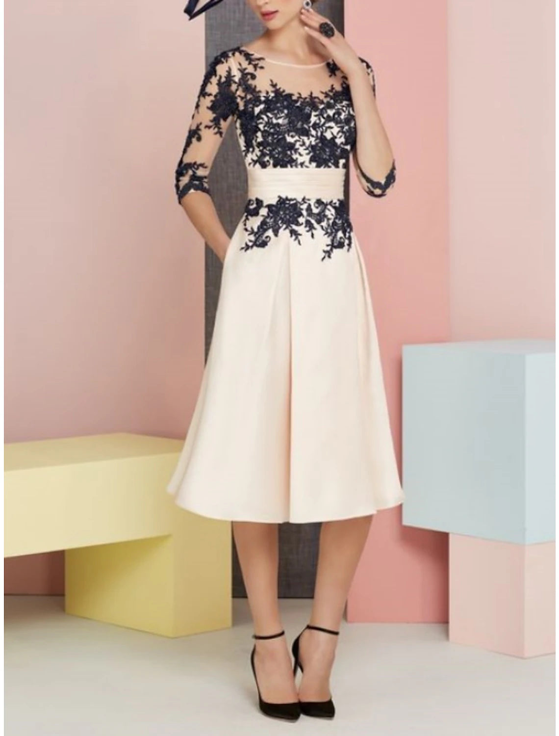 Two Piece Mother of the Bride Dress Wedding Guest Church Elegant Vintage Scoop Neck Knee Length Satin Lace Half Sleeve with Pleats