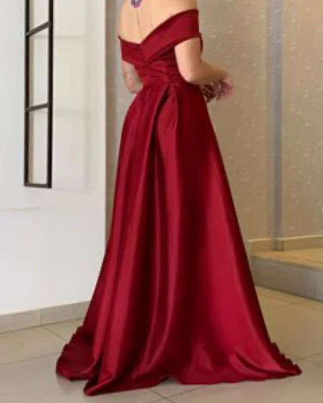 A-line Off The Shoulder Split Satin Evening Gown Prom Dresses