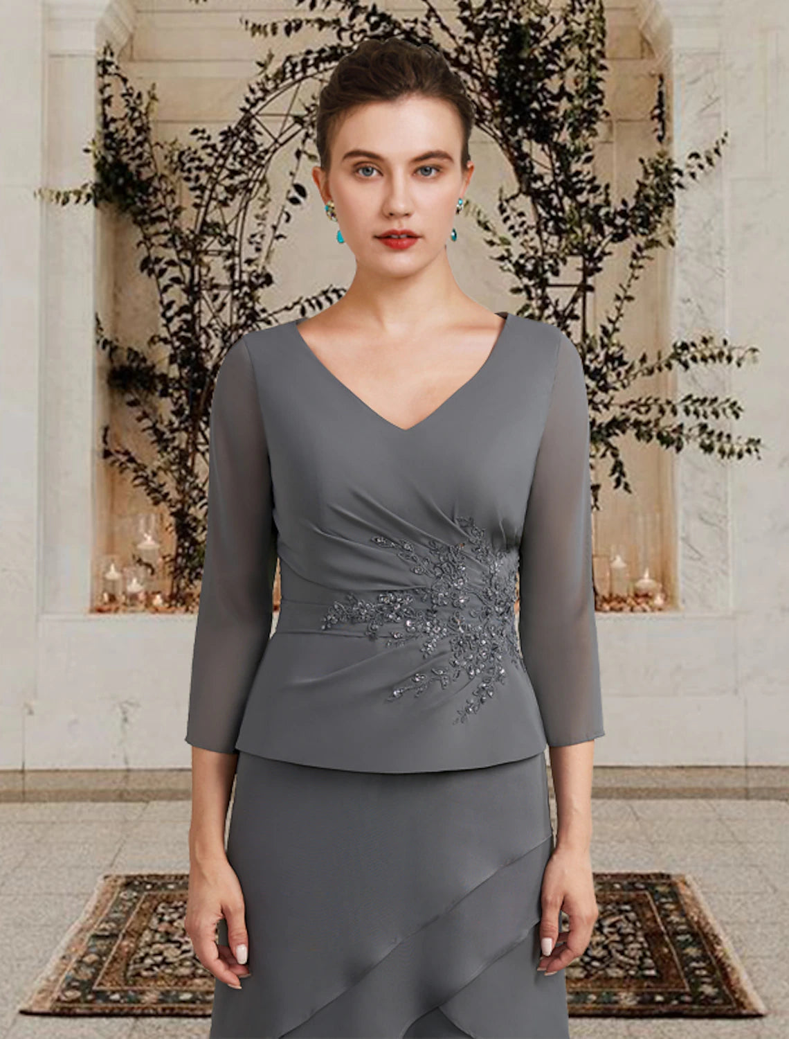 A-Line Mother of the Bride Dress Plus Size Elegant High Low V Neck Asymmetrical Tea Length Chiffon 3/4 Length Sleeve with Appliques Cascading Ruffles Side-Draped