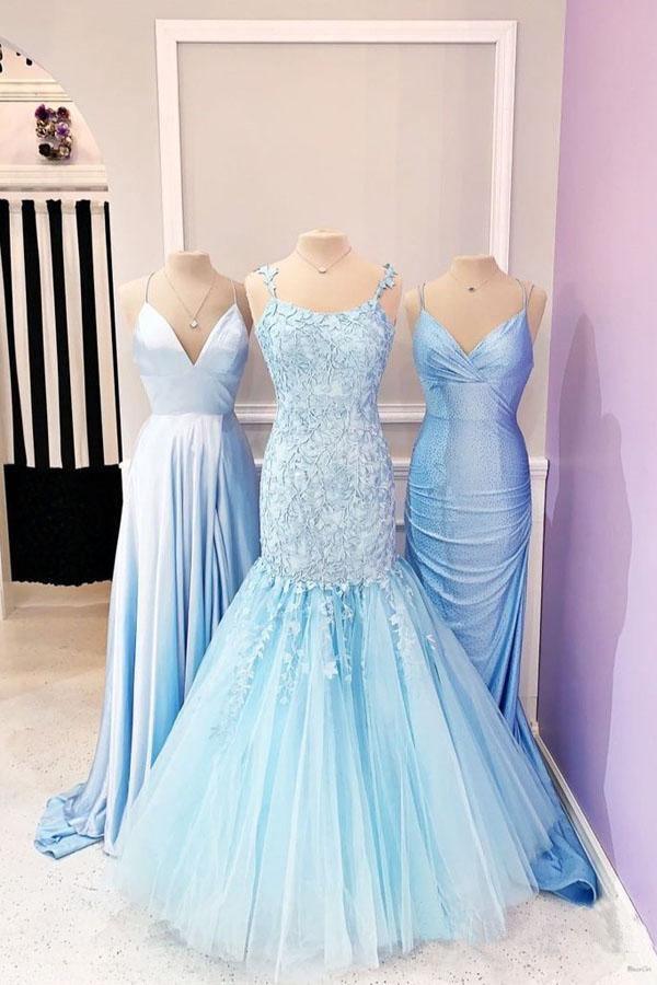 Mermaid Spaghetti Straps Floor Length Lilac formal dresses evening gown Prom Dress With Appliques