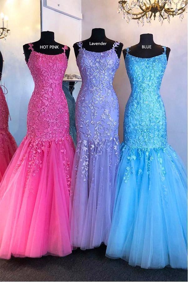 Mermaid Spaghetti Straps Floor Length Lilac formal dresses evening gown Prom Dress With Appliques