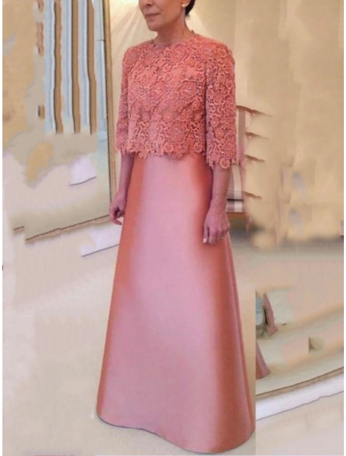 Mother of the Bride Dresses Plus Size Curve Hide Belly Wedding Guest Party Elegant Jewel Neck Floor Length Satin Lace 3/4 Length Sleeve with Bow(s)