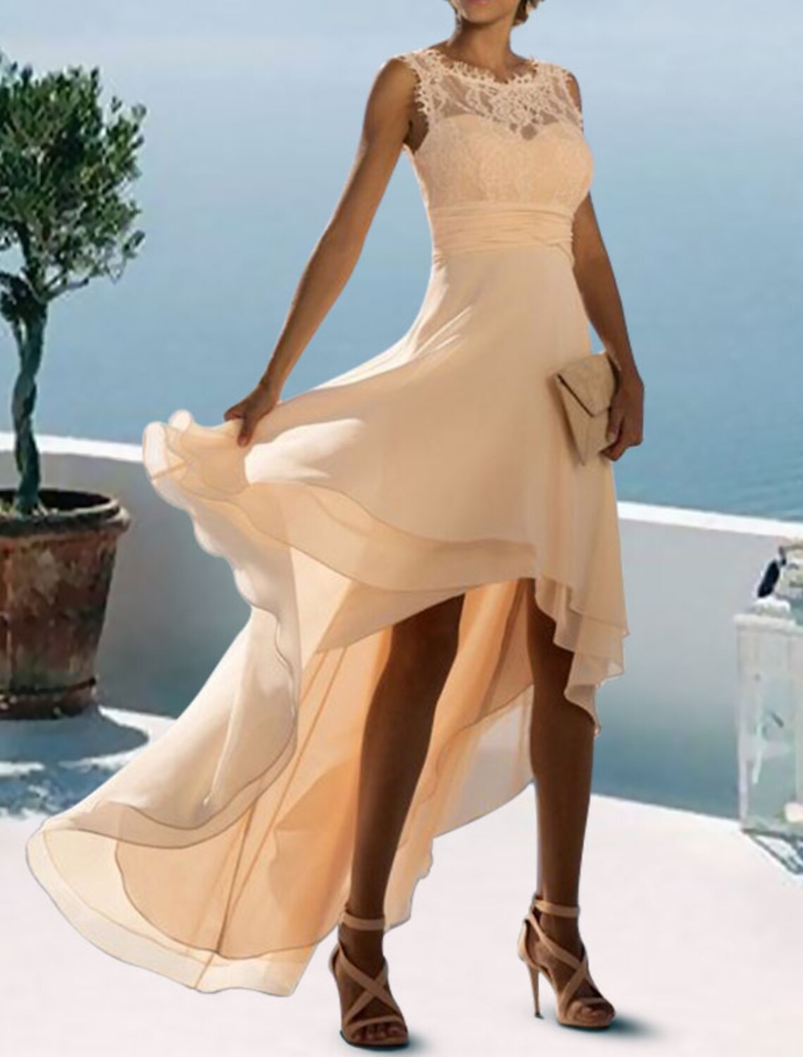 A-Line Mother of the Bride Dress Elegant Sexy High Low Jewel Neck Asymmetrical Floor Length Chiffon Lace Sleeveless with Ruched Ruffles