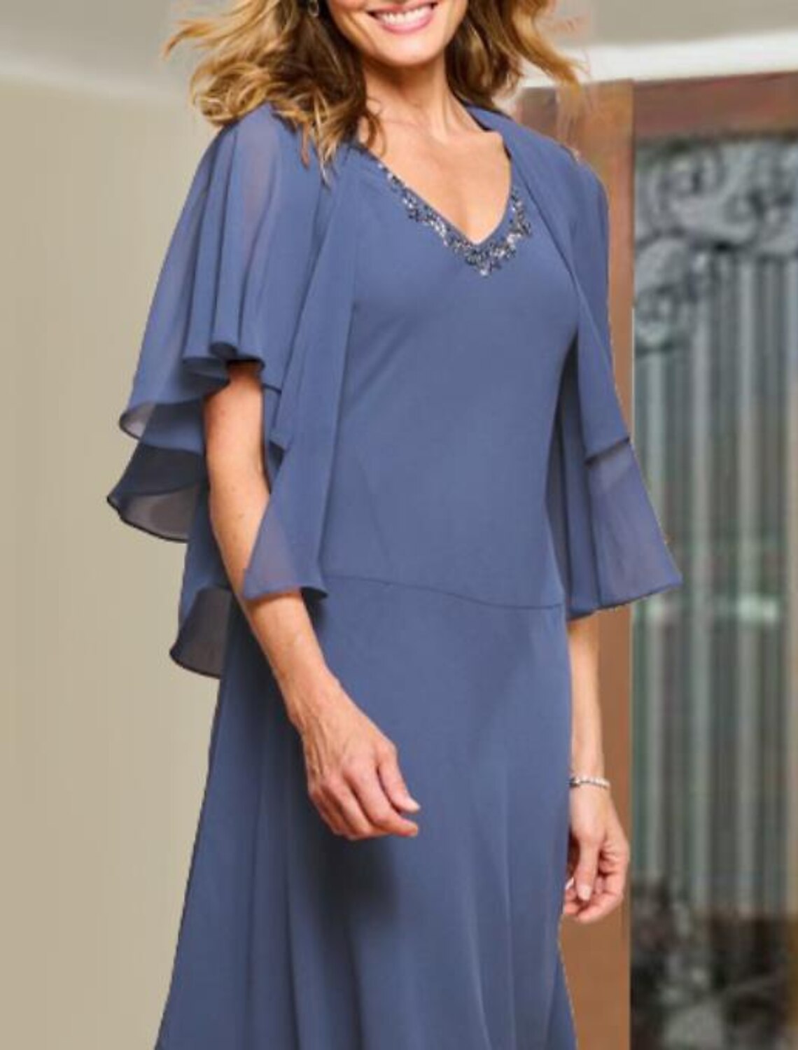 Two Piece A-Line Mother of the Bride Dress Fall Wedding Guest Plus Size Elegant V Neck Tea Length Chiffon Short Sleeve Wrap Included Short Jacket Dresses with Beading Ruffle