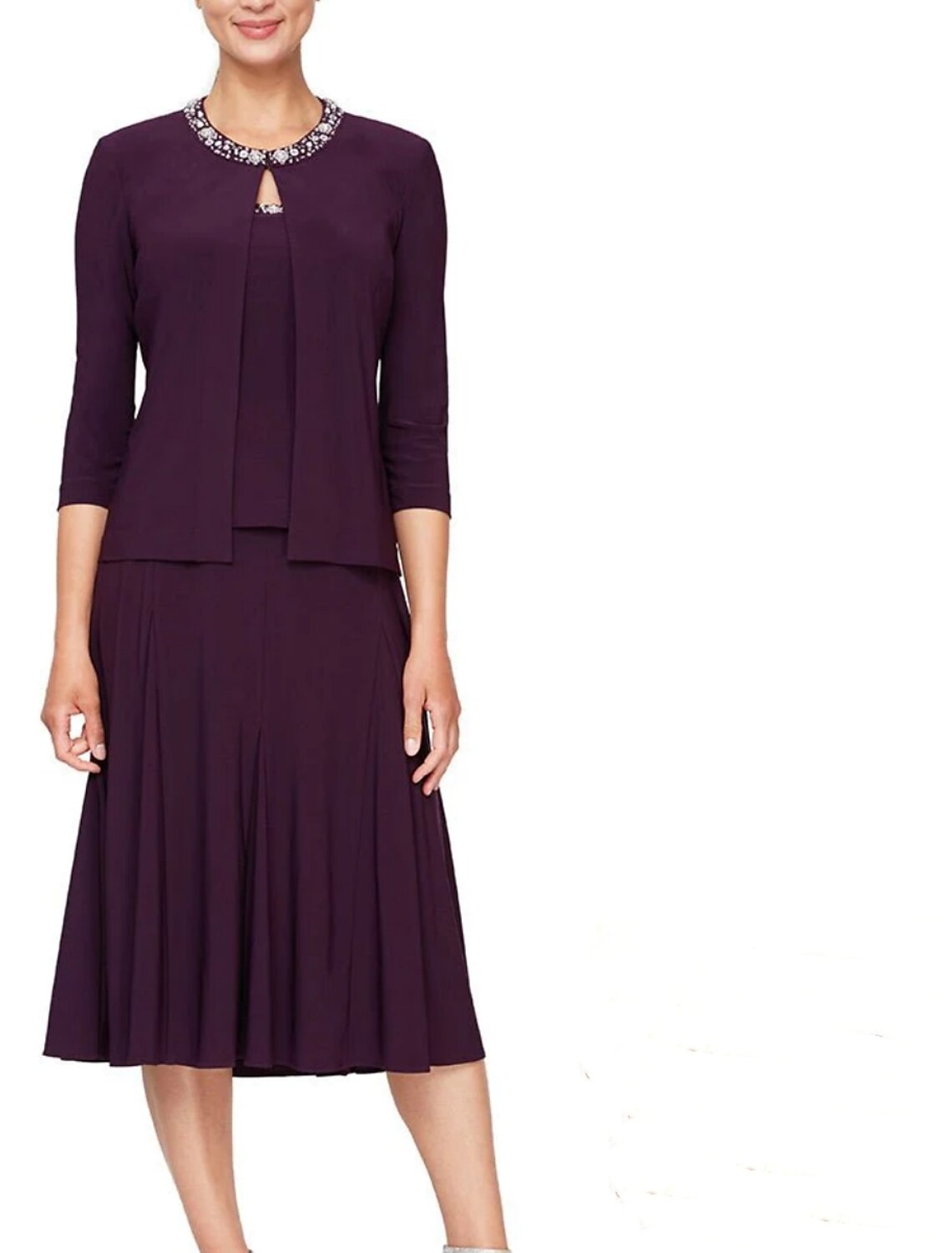A-Line Mother of the Bride Dress Wedding Guest Elegant Petite Jewel Neck Knee Length Stretch Fabric 3/4 Length Sleeve with Pleats Crystals