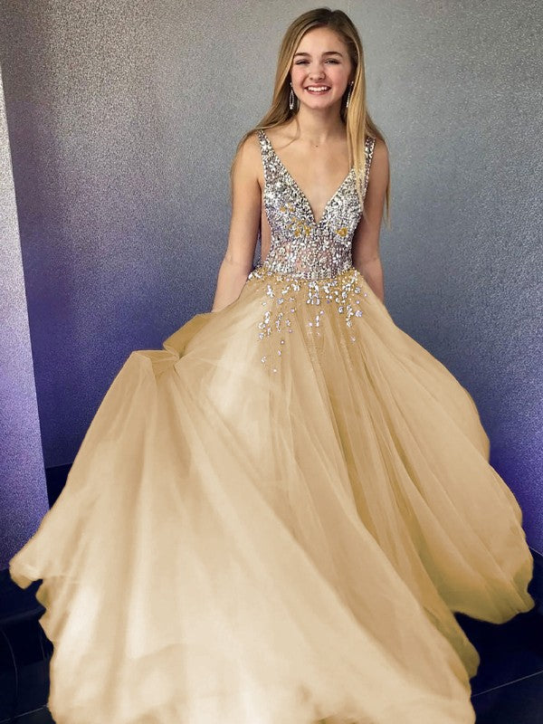 A-Line/Princess Tulle Beading V-neck Sleeveless Floor-Length Dresses