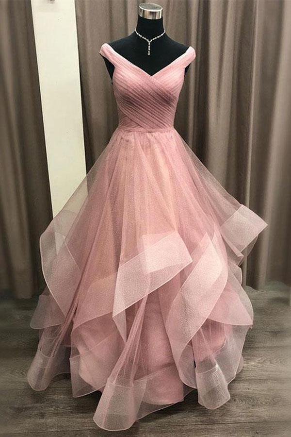 A-line Off the Shoulder Tiered Champagne Formal Prom Dress with Pleats