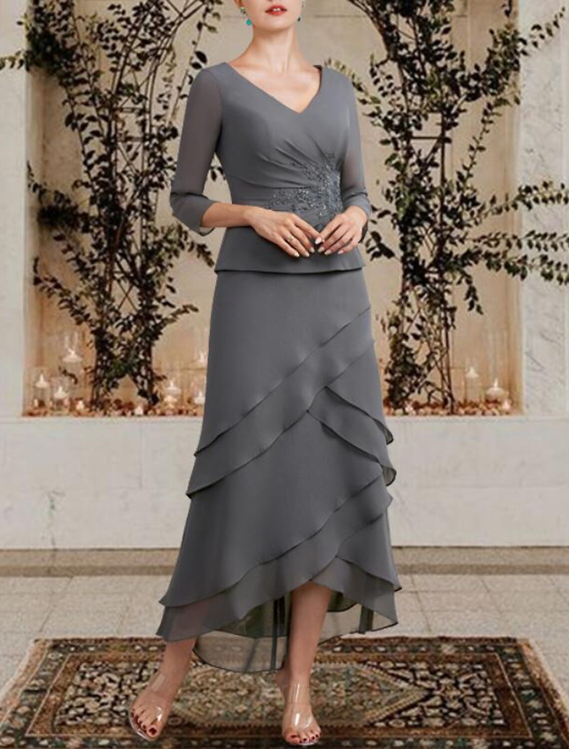 A-Line Mother of the Bride Dress Plus Size Elegant High Low V Neck Asymmetrical Tea Length Chiffon 3/4 Length Sleeve with Appliques Cascading Ruffles Side-Draped