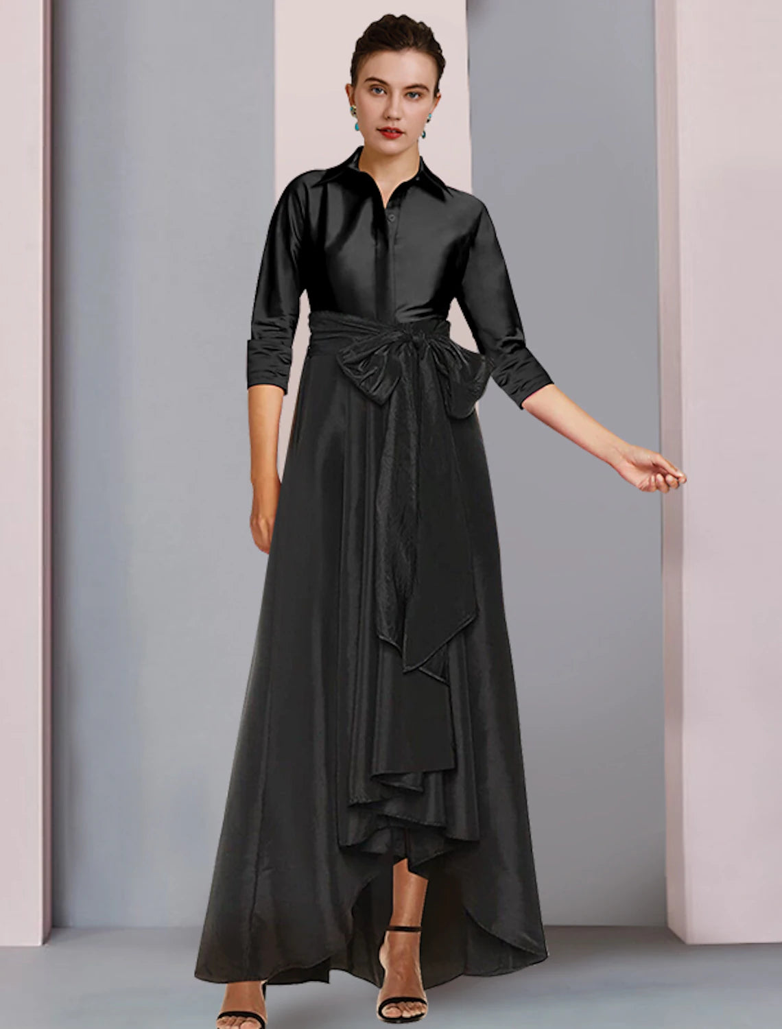 A-Line Mother of the Bride Dress Elegant Plus Size High Low Shirt Collar Asymmetrical Floor Length Satin 3/4 Length Sleeve with Sash / Ribbon Bow(s) Pleats